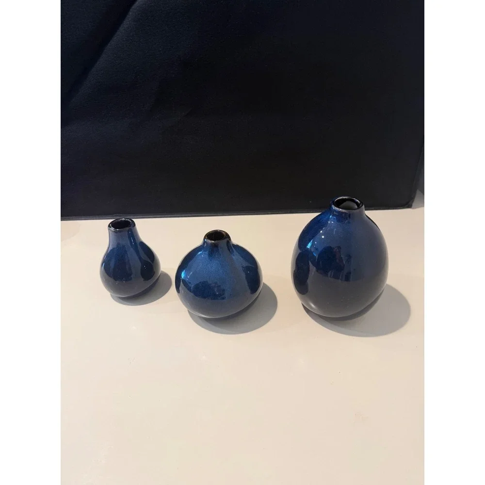 Set of 3 different sizes Cobalt Blue Ceramic Bud Vases Glossy Glaze Minimalist